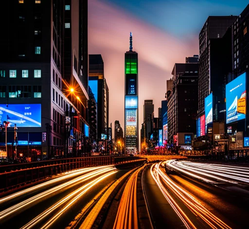 Nighttime cityscape of New York with light trails streaking across busy streets,aesthetic, complex, colorful, street level view, 4k